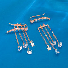 将图片加载到图库查看器,SLUYNZ 925 Sterling Silver 7 Crystals Cuff Earrings Tassell Chain for Women Teen Girls CZ Crawler Earrings Chain Climber Earrings