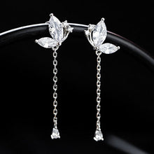 将图片加载到图库查看器,SLUYNZ 925 Sterling Silver Butterfly Drop Earrings for Women Teen CZ Stones Water Dangle Earrings Chain