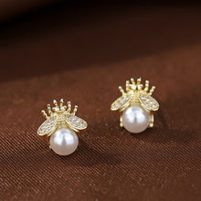 将图片加载到图库查看器,SLUYNZ 925 Sterling Silver Bee Earrings Studs for Women Teen Girls Pearl Earring Stud Insect Bumble Earrings Shiny