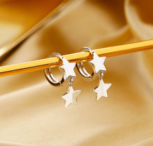 将图片加载到图库查看器,SLUYNZ 925 Sterling Silver Star Earrings Hoop for Womens Teens Girls Double Stars Drop Earrings Small Huggie Hoop Earrings Star Charms Earrings