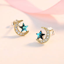 将图片加载到图库查看器,SLUYNZ 925 Sterling Silver Star Moon Earrings Studs For Women Girls Blue Crystal Star Earring Cubic Zirconia Moon Earrings