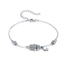 Load image into Gallery viewer, SLUYNZ 925 Sterling Silver Fatima Hamsa Hand Evil Eye Bracelet for Women Teen Girls Blue Round Eyes Bracelet