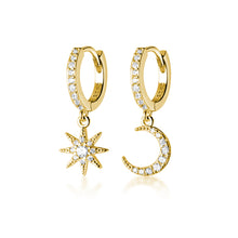 Load image into Gallery viewer, SLUYNZ 925 Sterling Silver Sparkling CZ Star Moon Hoop Earrings for Women Teen Girls Asymmetric Star Moon Drop Earrings
