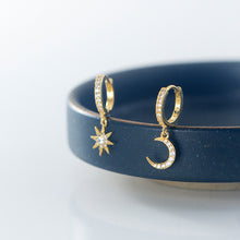 Load image into Gallery viewer, SLUYNZ 925 Sterling Silver Sparkling CZ Star Moon Hoop Earrings for Women Teen Girls Asymmetric Star Moon Drop Earrings