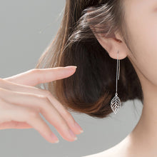 将图片加载到图库查看器,SLUYNZ 925 Sterling Silver Leaf Dangle Earrings for Women Teen Girls Leaf Earring Threader Chain