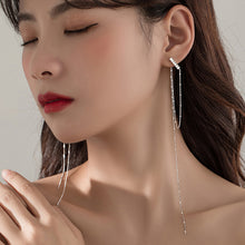 将图片加载到图库查看器,SLUYNZ 925 Sterling Silver CZ Bar Studs 6.4inch Long Chain Earrings Dangle for Women Teen Girls Asymmetric Tassel Earrings Chain Backs