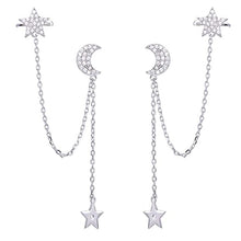 将图片加载到图库查看器,SLUYNZ 925 Sterling Silver Cuff Earrings Chain for Women Asymmetric Star Moon Earrings Crawler Earrings Dangling Chain