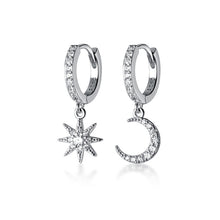 Load image into Gallery viewer, SLUYNZ 925 Sterling Silver Sparkling CZ Star Moon Hoop Earrings for Women Teen Girls Asymmetric Star Moon Drop Earrings