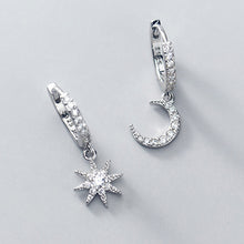 Load image into Gallery viewer, SLUYNZ 925 Sterling Silver Sparkling CZ Star Moon Hoop Earrings for Women Teen Girls Asymmetric Star Moon Drop Earrings