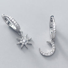 Load image into Gallery viewer, SLUYNZ 925 Sterling Silver Sparkling CZ Star Moon Hoop Earrings for Women Teen Girls Asymmetric Star Moon Drop Earrings