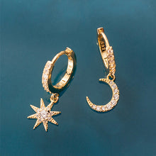 Load image into Gallery viewer, SLUYNZ 925 Sterling Silver Sparkling CZ Star Moon Hoop Earrings for Women Teen Girls Asymmetric Star Moon Drop Earrings