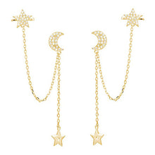 将图片加载到图库查看器,SLUYNZ 925 Sterling Silver Cuff Earrings Chain for Women Asymmetric Star Moon Earrings Crawler Earrings Dangling Chain