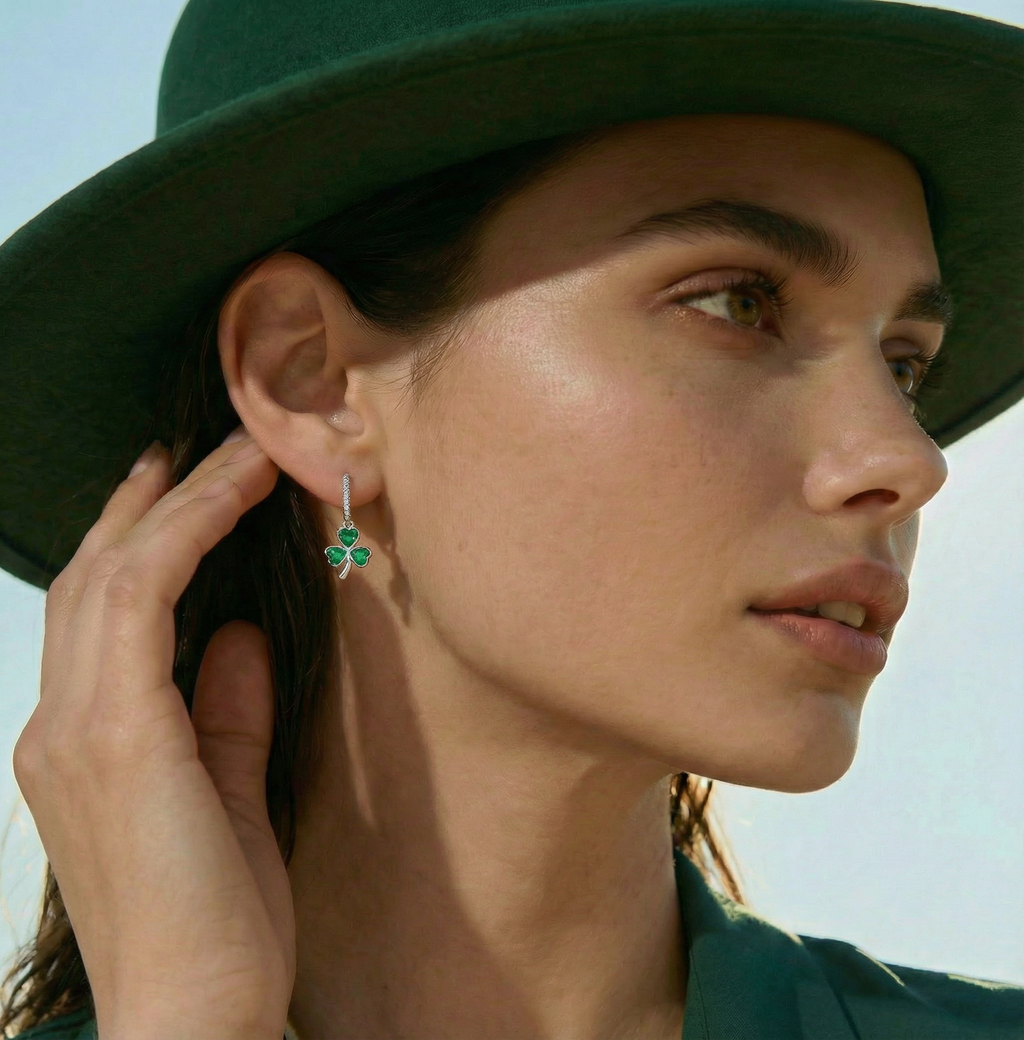 SLUYNZ 925 Sterling Silver CZ Love Clover Hoop Earrings for Women Teens Green Shamrock Huggie Earrings Drop St Patricks Day Earrings