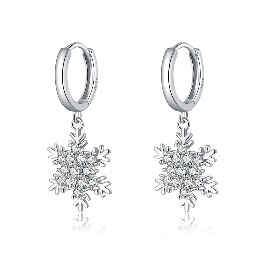 SLUYNZ 925 Sterling Silver Sparkly CZ Snowflake Hoop Earrings for Women Teens Christmas Earrings Drop Winter Party Earrings