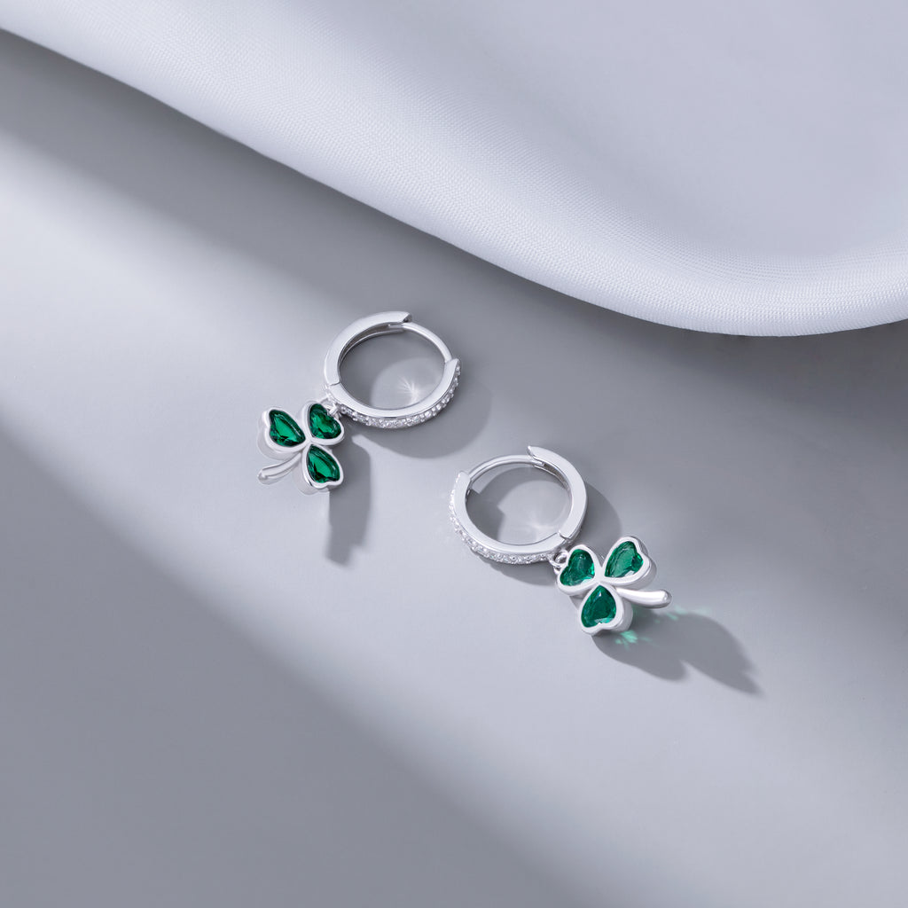 SLUYNZ 925 Sterling Silver CZ Love Clover Hoop Earrings for Women Teens Green Shamrock Huggie Earrings Drop St Patricks Day Earrings