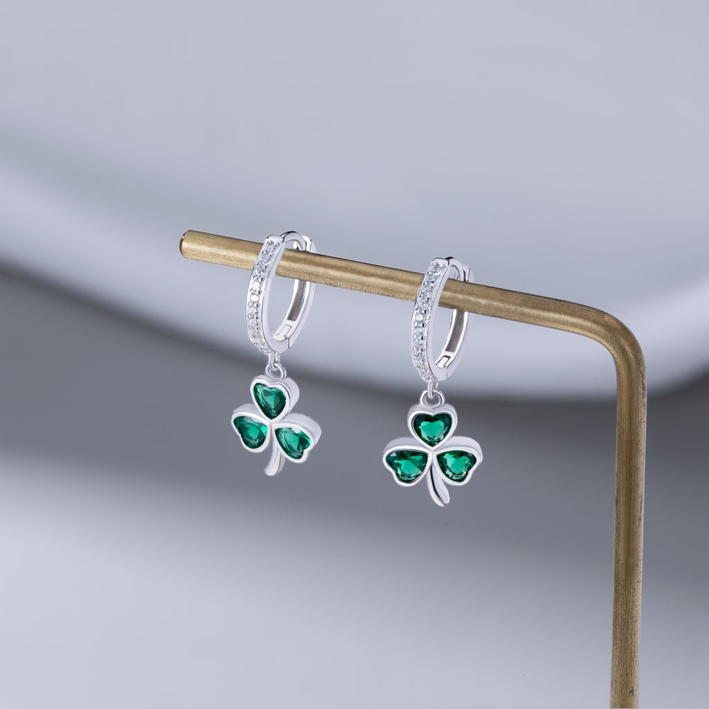 SLUYNZ 925 Sterling Silver CZ Love Clover Hoop Earrings for Women Teens Green Shamrock Huggie Earrings Drop St Patricks Day Earrings