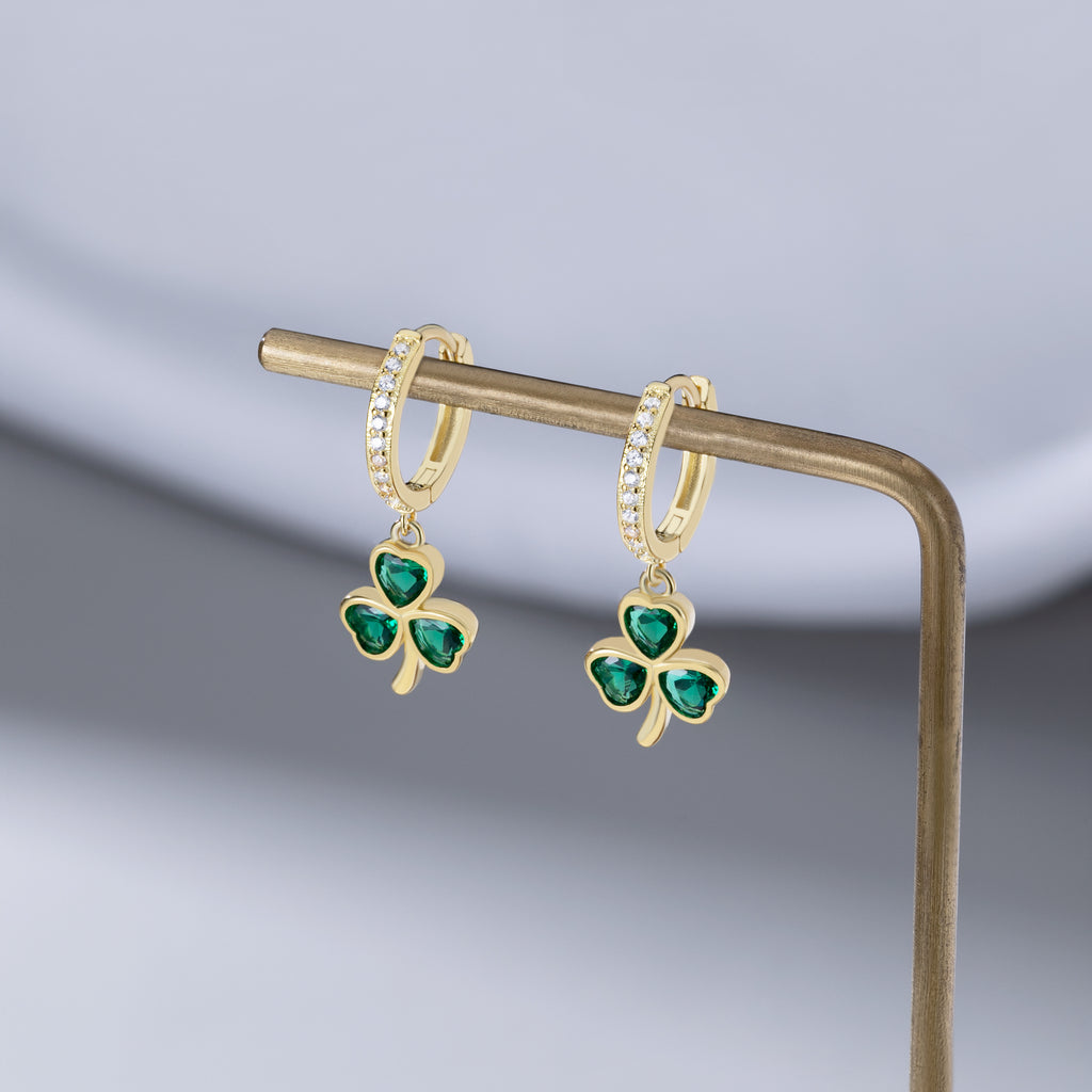 SLUYNZ 925 Sterling Silver CZ Love Clover Hoop Earrings for Women Teens Green Shamrock Huggie Earrings Drop St Patricks Day Earrings