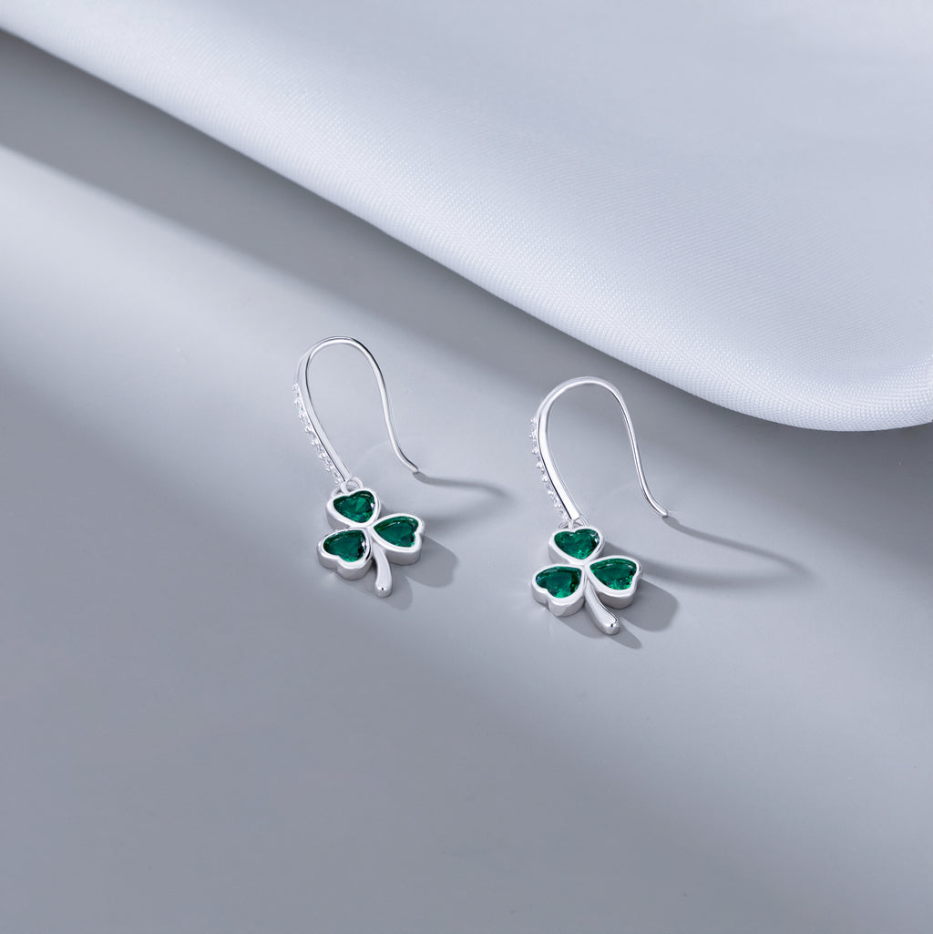 SLUYNZ 925 Sterling Silver Green Clover Leaf Dangle Earrings for Women Teens CZ Shamrock Drop Earrings for St Patricks Day
