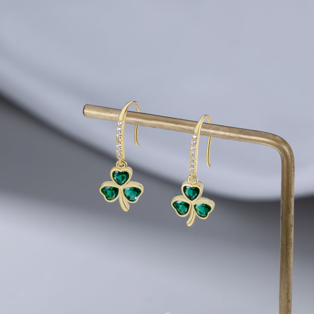 SLUYNZ 925 Sterling Silver Green Clover Leaf Dangle Earrings for Women Teens CZ Shamrock Drop Earrings for St Patricks Day