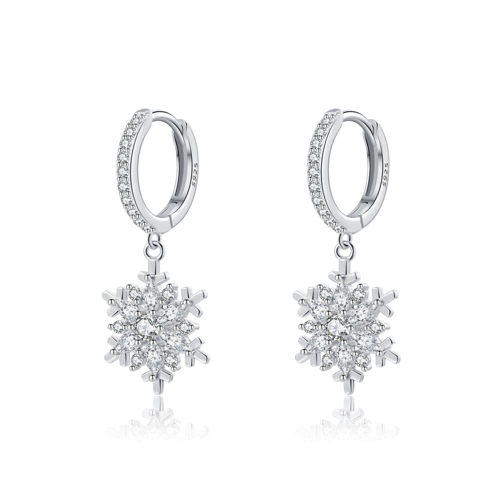 SLUYNZ 925 Sterling Silver CZ Snowflake Hoop Earrings for Women Teens Girls Christmas Snowflake Hoop Earrings Huggie