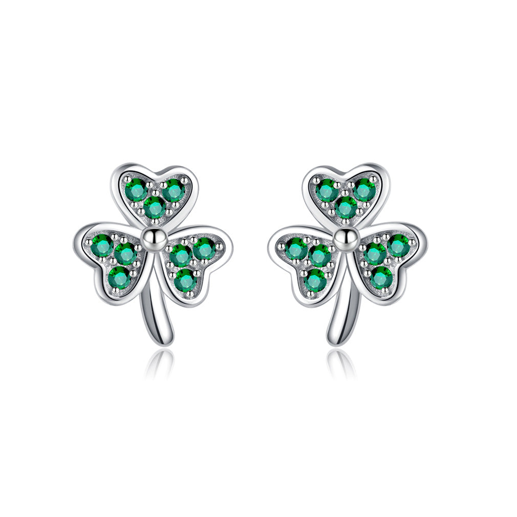SLUYNZ 925 Sterling Silver Green Shamrock Earrings Stud for Women Teens CZ Love Clover Studs Earrings