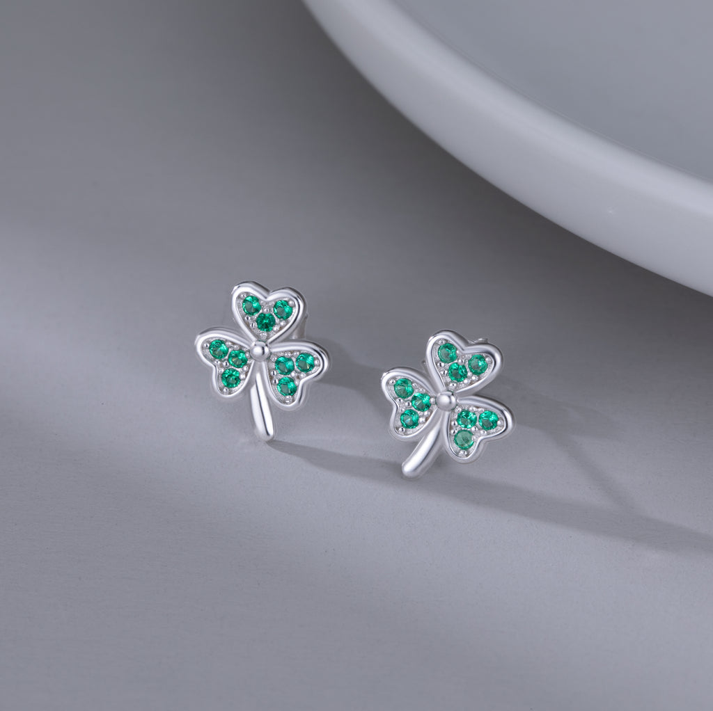 SLUYNZ 925 Sterling Silver Green Shamrock Earrings Stud for Women Teens CZ Love Clover Studs Earrings