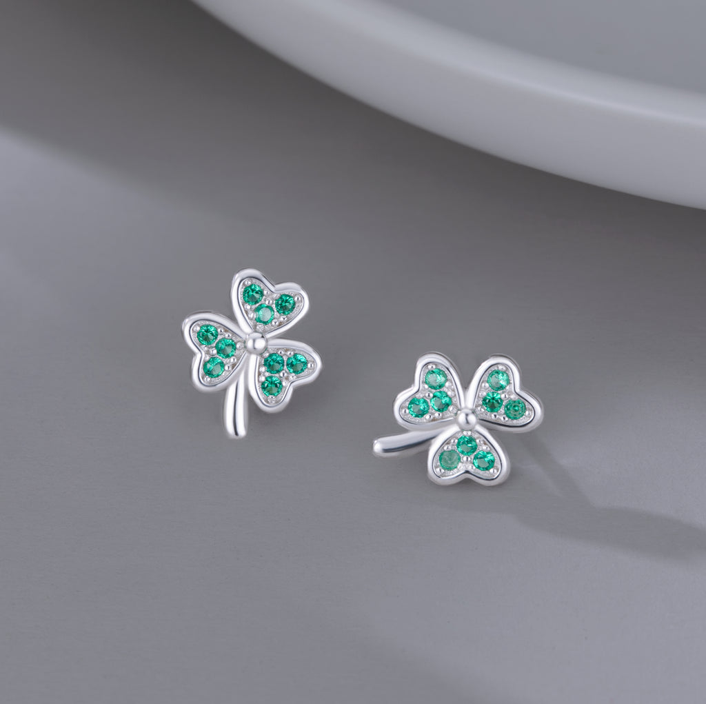 SLUYNZ 925 Sterling Silver Green Shamrock Earrings Stud for Women Teens CZ Love Clover Studs Earrings