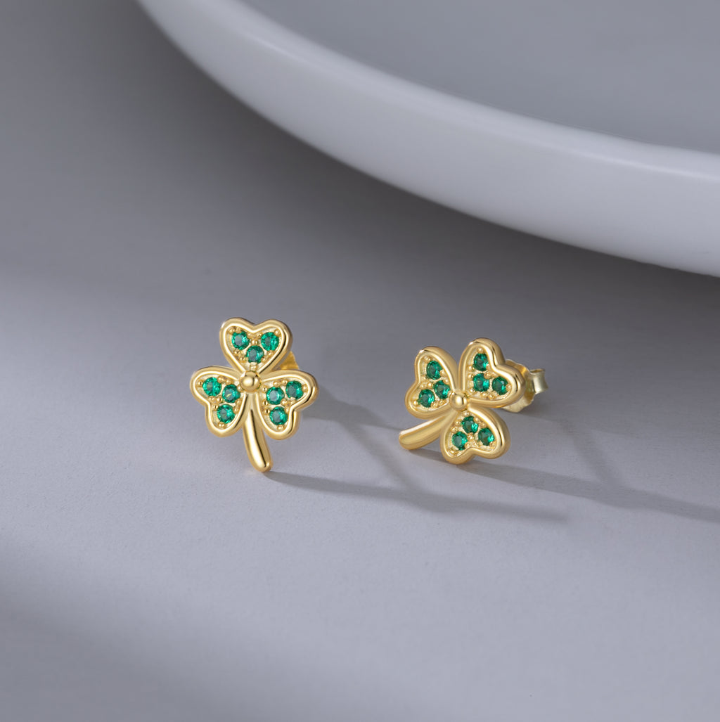 SLUYNZ 925 Sterling Silver Green Shamrock Earrings Stud for Women Teens CZ Love Clover Studs Earrings