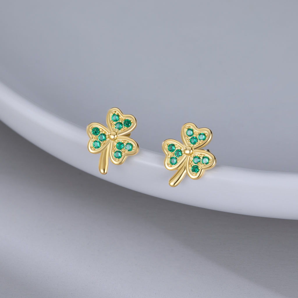 SLUYNZ 925 Sterling Silver Green Shamrock Earrings Stud for Women Teens CZ Love Clover Studs Earrings
