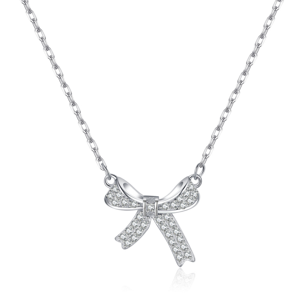 SLUYNZ 925 Sterling Silver Small Bow Pendant Necklace for Women Teens CZ Bow Necklace Chain Ribbon Necklace Choker