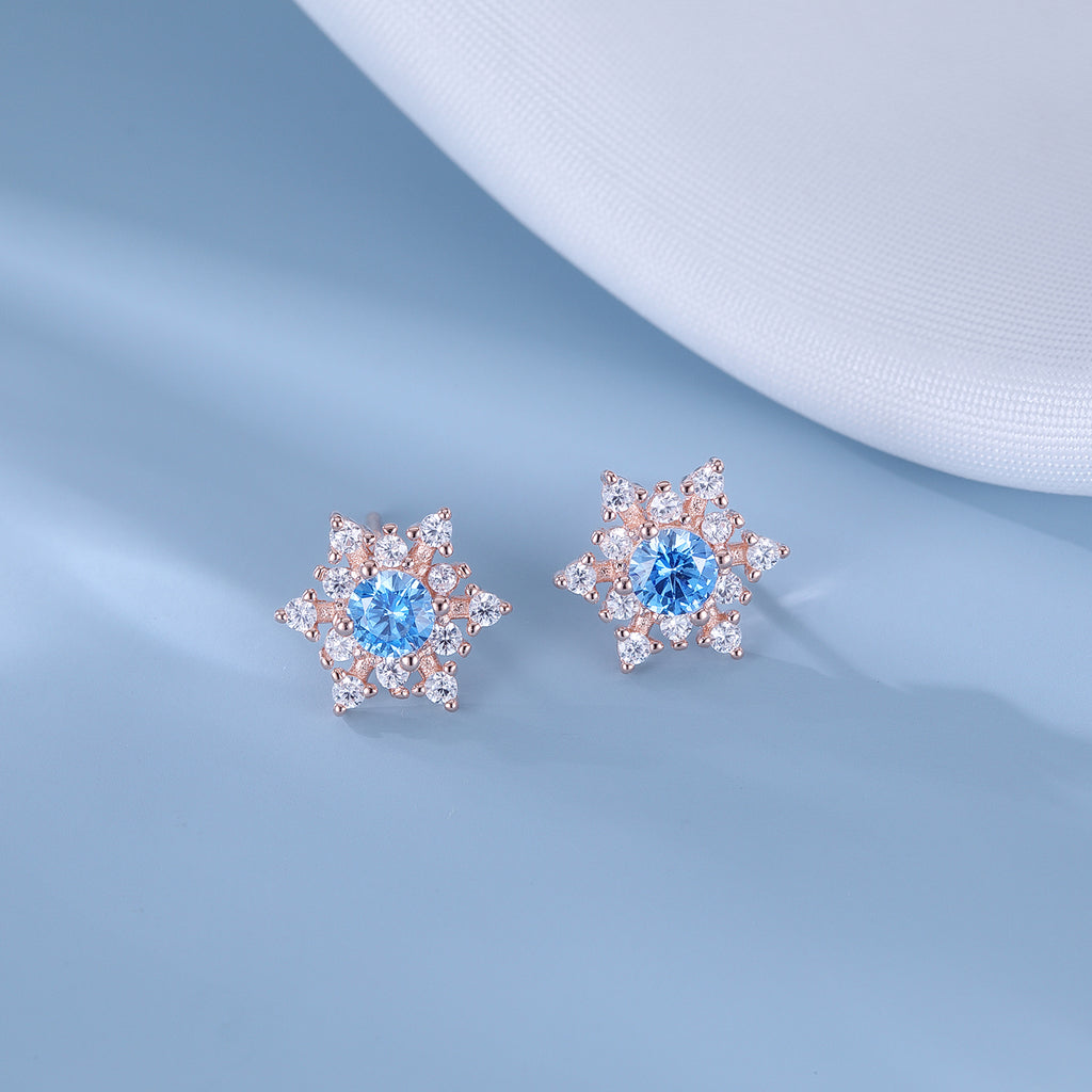 SLUYNZ Solid 925 Sterling Silver Sparkling Blue Crystal Snowflake Earrings Stud for Women Teens Pretty Snowflake Stud Earrings