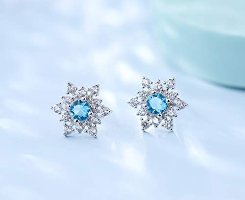 SLUYNZ Solid 925 Sterling Silver Sparkling Blue Crystal Snowflake Earrings Stud for Women Teens Pretty Snowflake Stud Earrings