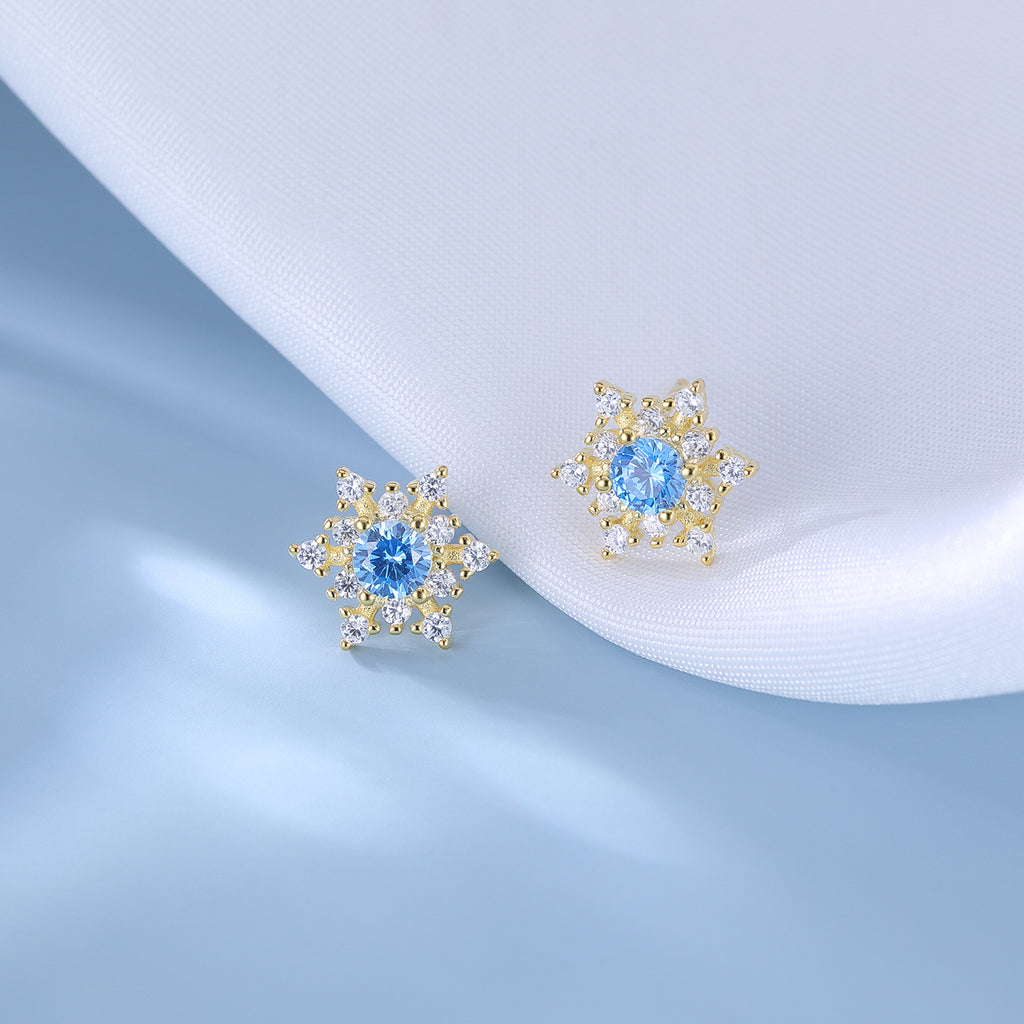 SLUYNZ Solid 925 Sterling Silver Sparkling Blue Crystal Snowflake Earrings Stud for Women Teens Pretty Snowflake Stud Earrings
