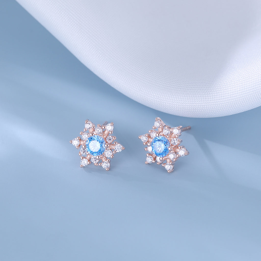 SLUYNZ Solid 925 Sterling Silver Sparkling Blue Crystal Snowflake Earrings Stud for Women Teens Pretty Snowflake Stud Earrings