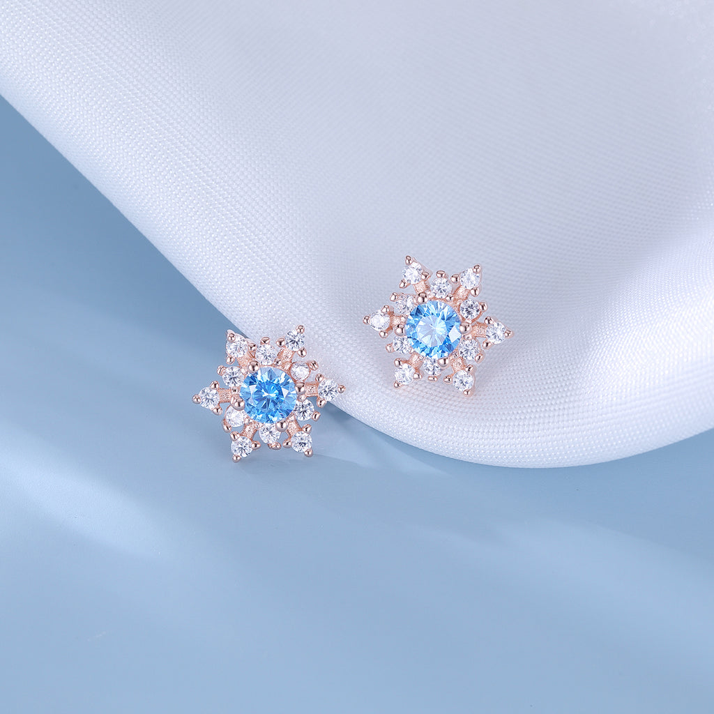 SLUYNZ Solid 925 Sterling Silver Sparkling Blue Crystal Snowflake Earrings Stud for Women Teens Pretty Snowflake Stud Earrings