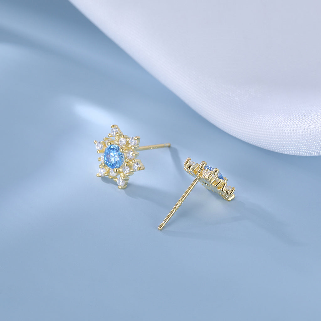 SLUYNZ Solid 925 Sterling Silver Sparkling Blue Crystal Snowflake Earrings Stud for Women Teens Pretty Snowflake Stud Earrings