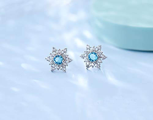 SLUYNZ Solid 925 Sterling Silver Sparkling Blue Crystal Snowflake Earrings Stud for Women Teens Pretty Snowflake Stud Earrings