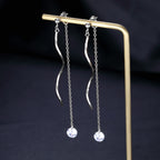 SLUYNZ 925 Sterling Silver CZ Droplet Dangle Earrings Chain for Women Teen Girls Long Dangle Earrings Curved Tassel