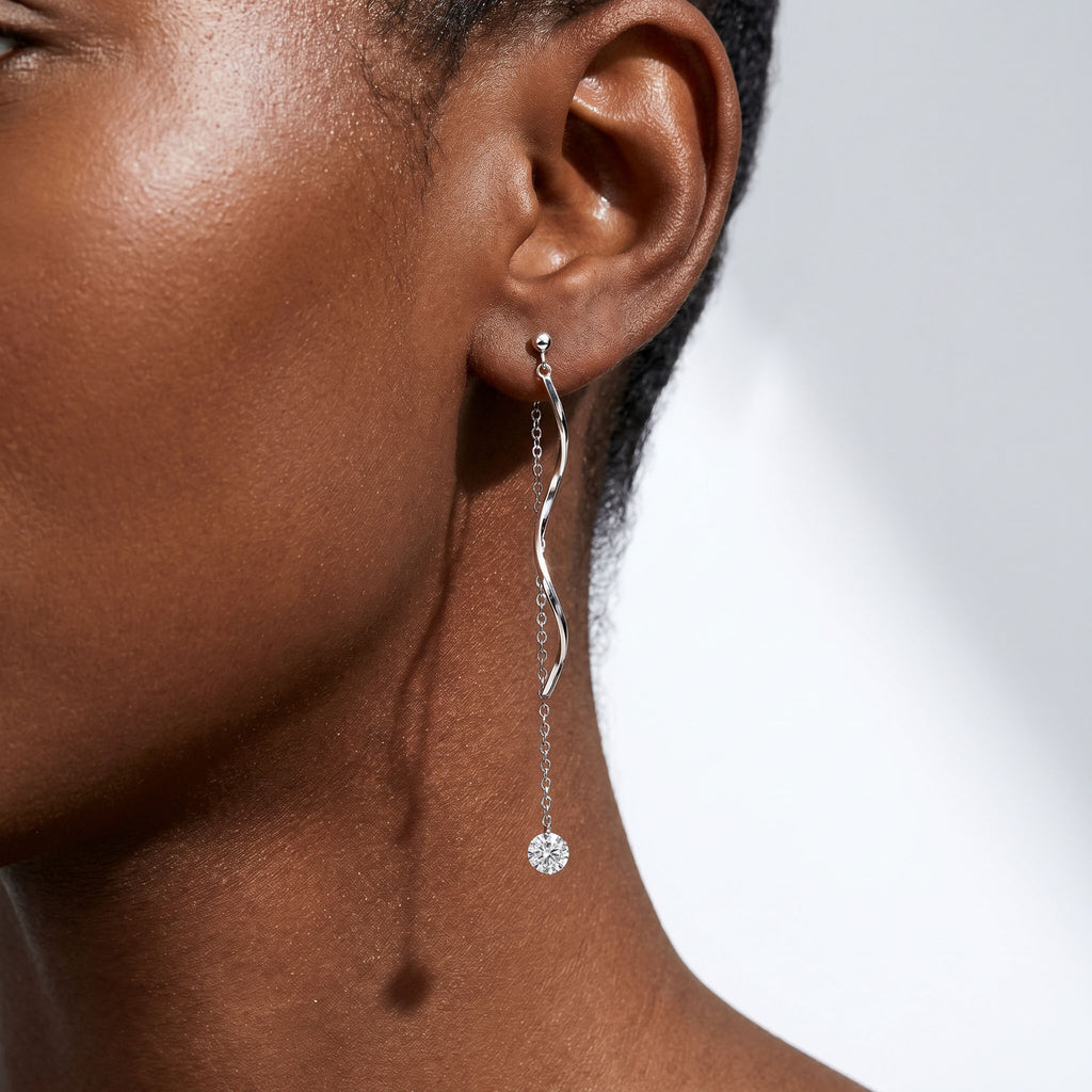 SLUYNZ 925 Sterling Silver CZ Droplet Dangle Earrings Chain for Women Teen Girls Long Dangle Earrings Curved Tassel