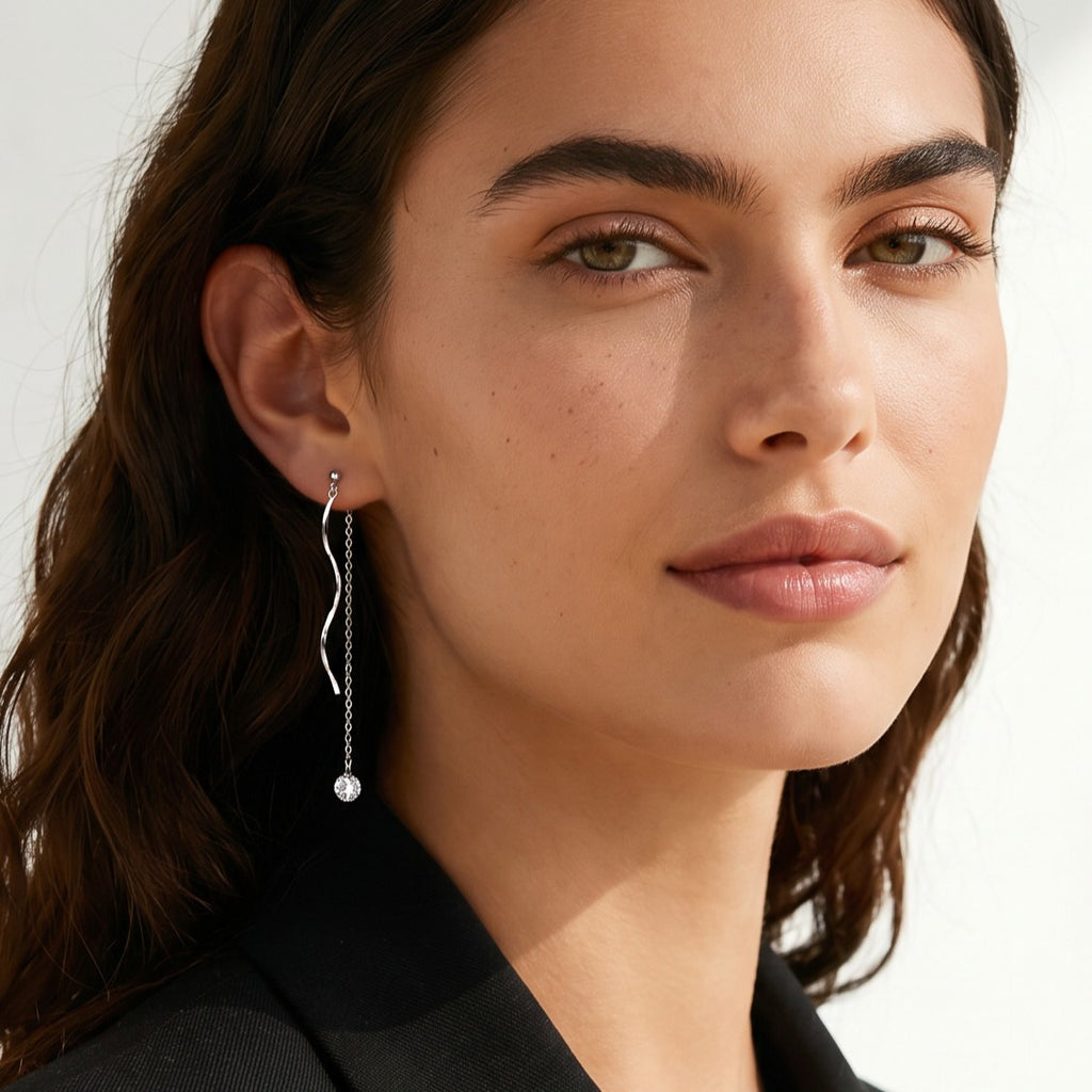 SLUYNZ 925 Sterling Silver CZ Droplet Dangle Earrings Chain for Women Teen Girls Long Dangle Earrings Curved Tassel