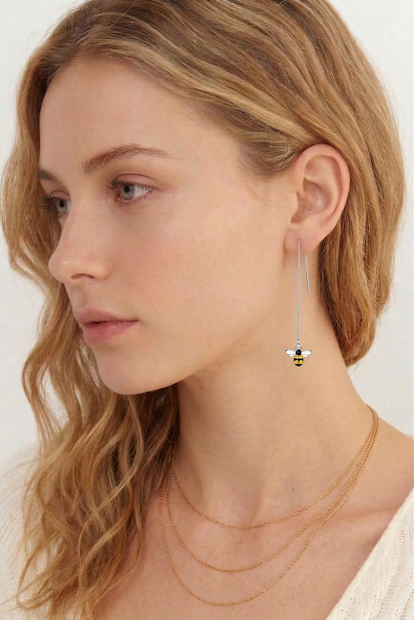 SLUYNZ Solid 925 Sterling Silver Bumble Bee Dangle Earrings for Women Teen Girls Honey Bee Drop Earrings Threader Tassel Chain
