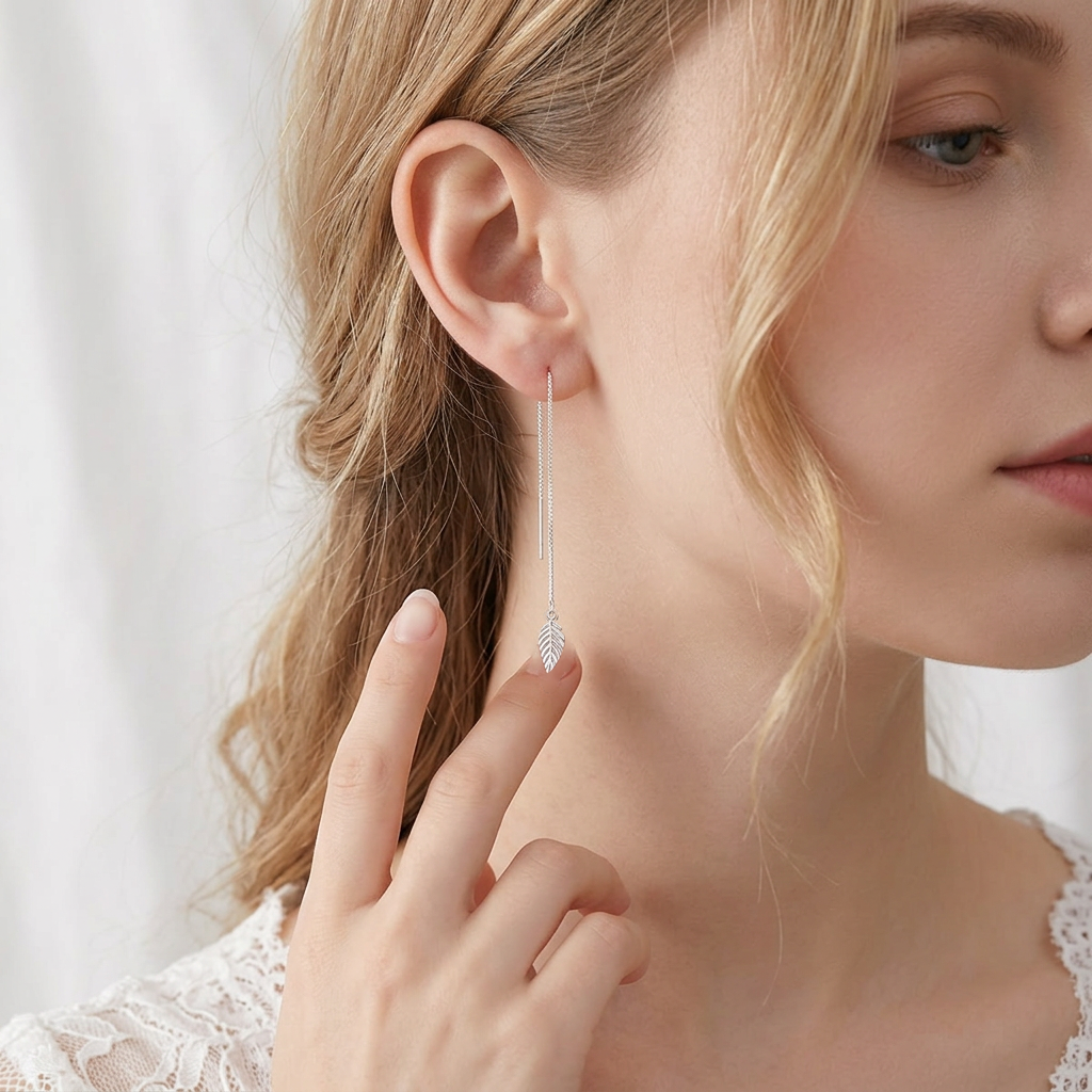 SLUYNZ Solid 925 Sterling Silver Leaf Dangle Earrings Chain for Women Teens Leaf Drop Earrings Threader Tassel