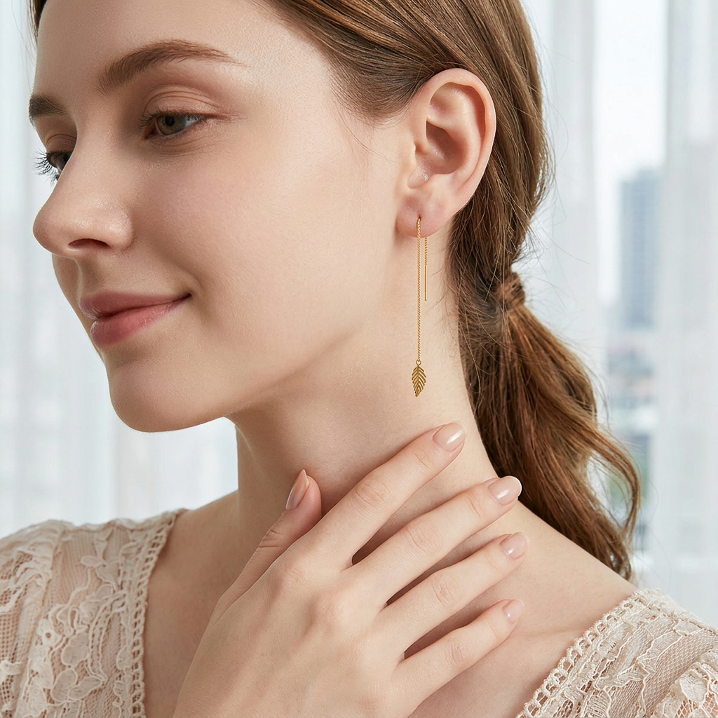 SLUYNZ Solid 925 Sterling Silver Leaf Dangle Earrings Chain for Women Teens Leaf Drop Earrings Threader Tassel