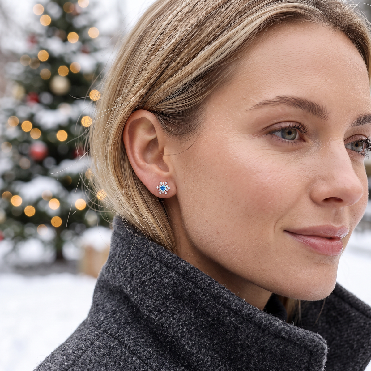 SLUYNZ Solid 925 Sterling Silver Sparkling Blue Crystal Snowflake Earrings Stud for Women Teens Pretty Snowflake Stud Earrings