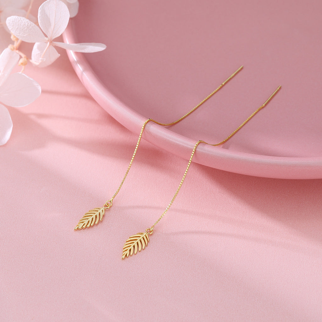 SLUYNZ Solid 925 Sterling Silver Leaf Dangle Earrings Chain for Women Teens Leaf Drop Earrings Threader Tassel