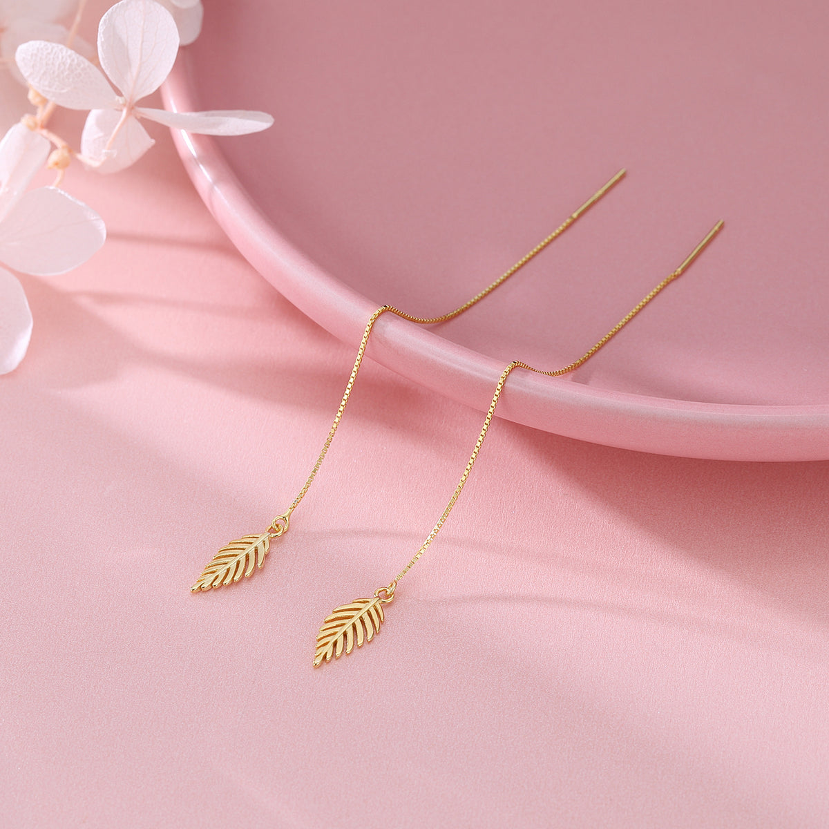 SLUYNZ Solid 925 Sterling Silver Leaf Dangle Earrings Chain for Women Teens Leaf Drop Earrings Threader Tassel