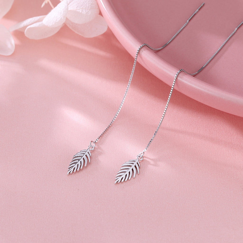 SLUYNZ Solid 925 Sterling Silver Leaf Dangle Earrings Chain for Women Teens Leaf Drop Earrings Threader Tassel