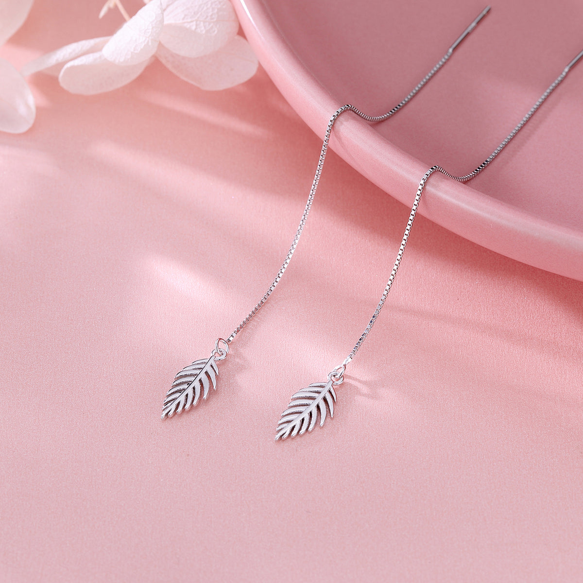SLUYNZ Solid 925 Sterling Silver Leaf Dangle Earrings Chain for Women Teens Leaf Drop Earrings Threader Tassel