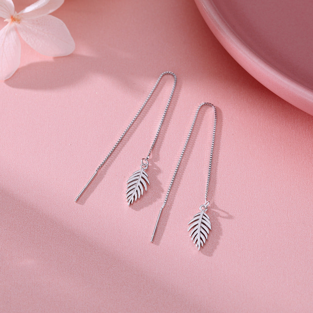 SLUYNZ Solid 925 Sterling Silver Leaf Dangle Earrings Chain for Women Teens Leaf Drop Earrings Threader Tassel