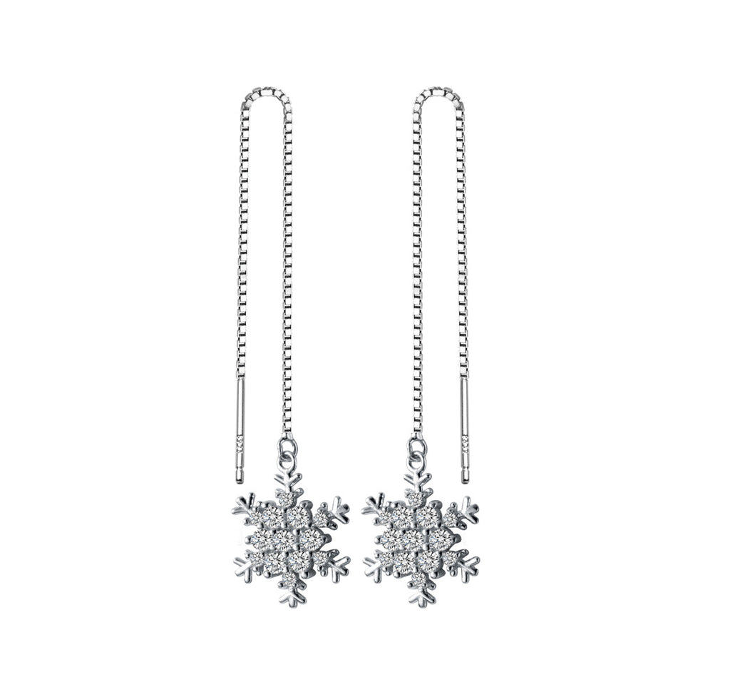 SLUYNZ Sterling Silver Christmas Snowflake Dangle Earrings Chain for Women Teens Snowflake Drop Earrings Threader Winter Earrings